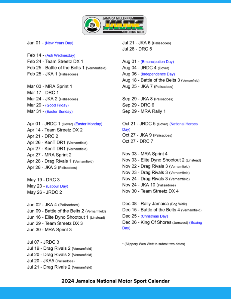 2024 Jamaica Motor Sport calendar published. Jamaica Millennium