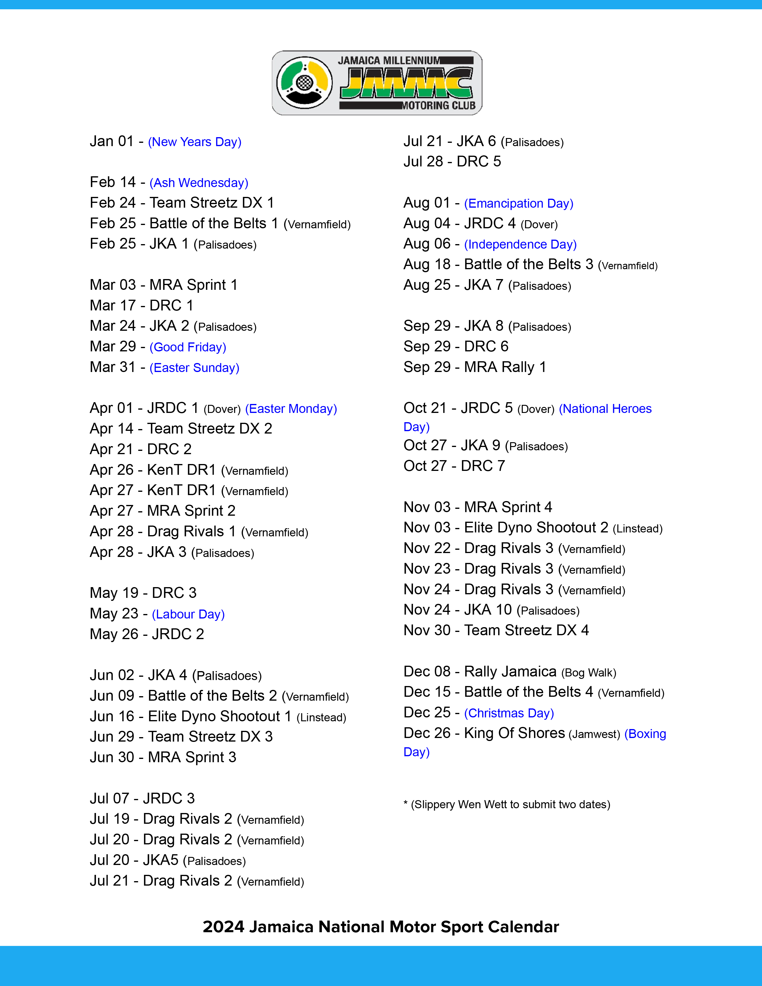 2024 Jamaica Motor Sport Calendar Published Jamaica Millennium   JMMC 2024 Event Calendar Final 