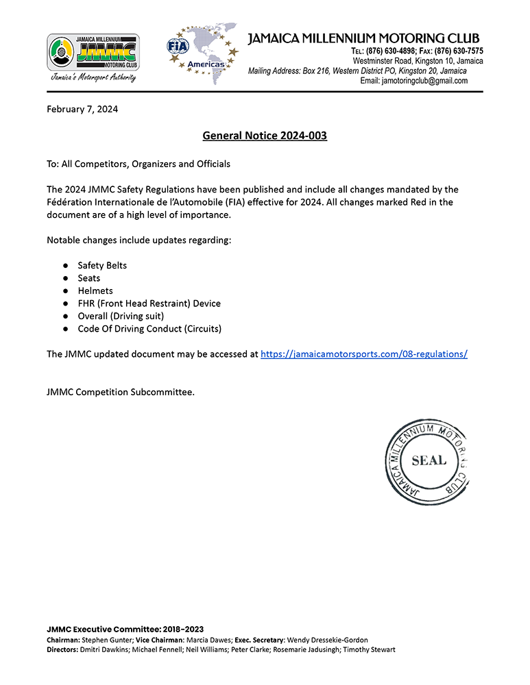 General Notice 2024003 Jamaica Millennium Motoring Club